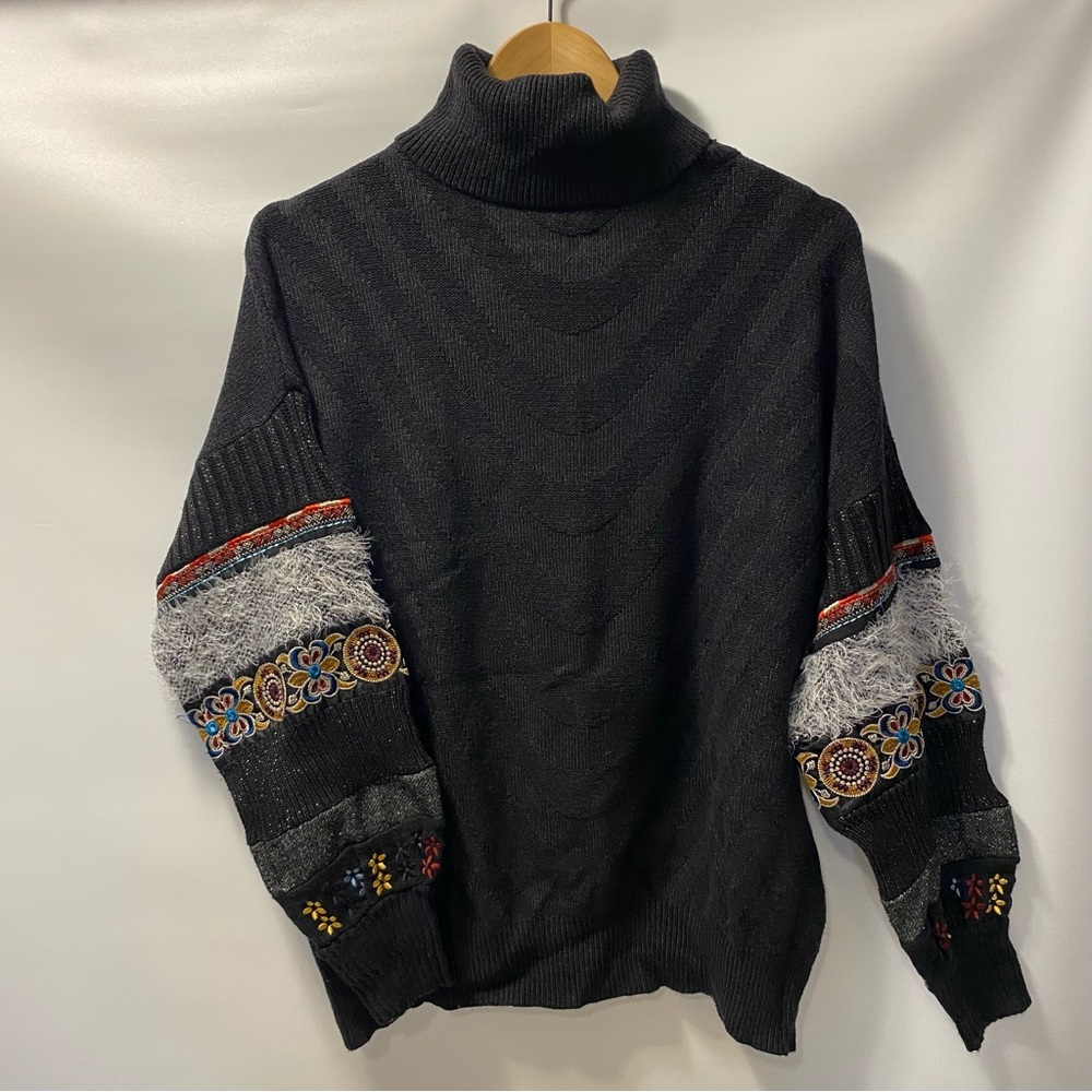 Sz M- Desigual Black Turtleneck Sweater with Colorful Embroidery on sleeves